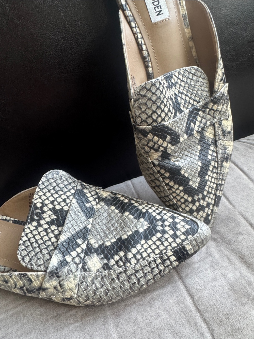 Steve Madden Snake-Print Slip-On Mules in Beige and Black - Picture 8 of 9